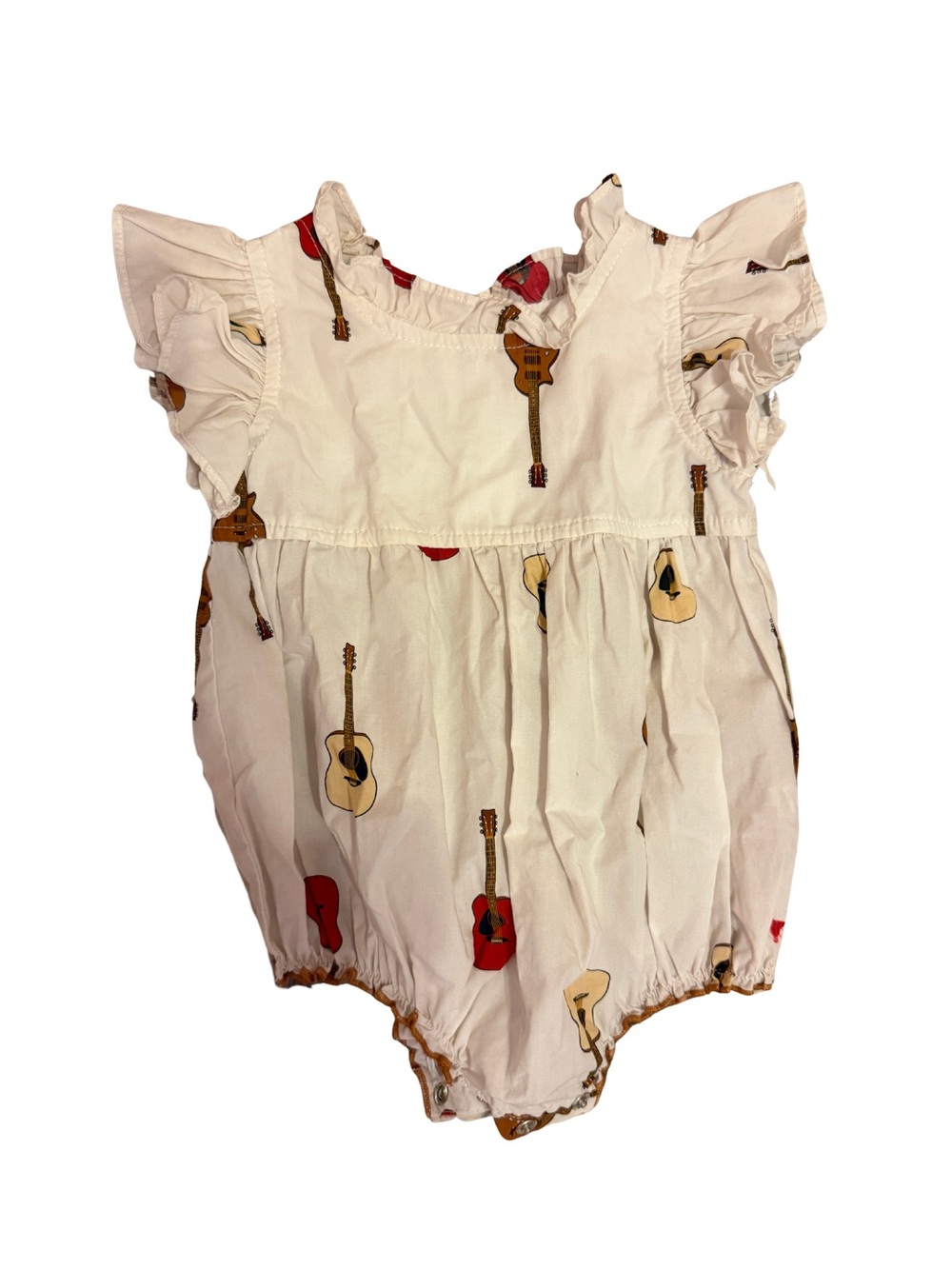 Pink Chicken White Guitar-Print Ruffle Baby Bubble Romper